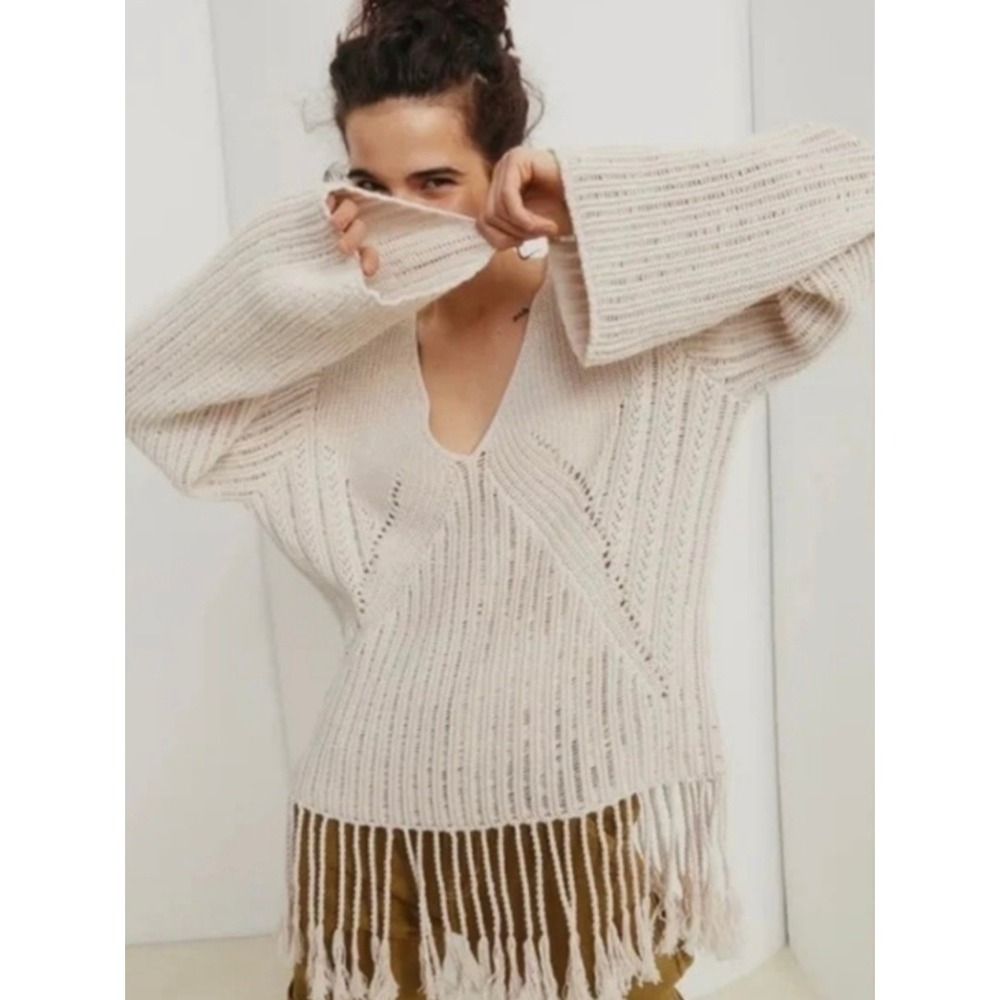 H&M Fringe Hem Beige Chunky‎ Cotton Knit V-Neck Sweater Large NWT